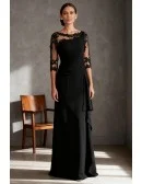 Elegant Black Wedding Party Dress with Sheer Lace Sleeves and Draped Bodice