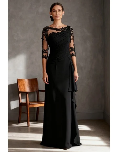 Elegant Black Wedding Party Dress with Sheer Lace Sleeves and Draped Bodice