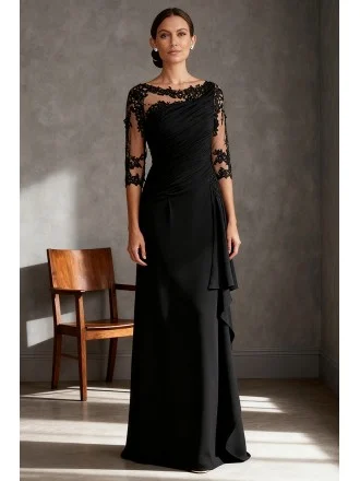 Elegant Black Wedding Party Dress with Sheer Lace Sleeves and Draped Bodice