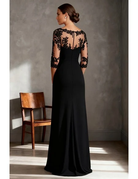 Elegant Black Wedding Party Dress with Sheer Lace Sleeves and Draped Bodice