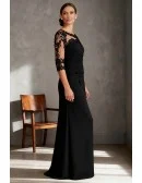 Elegant Black Wedding Party Dress with Sheer Lace Sleeves and Draped Bodice
