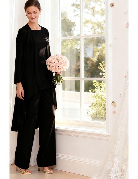 Elegant Black Wedding Party Suit with Jacket and Wide Leg Pants