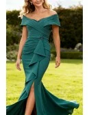 Modern Fitted Green Wedding Party Dress Off Shoulder with Pleated Ruffles