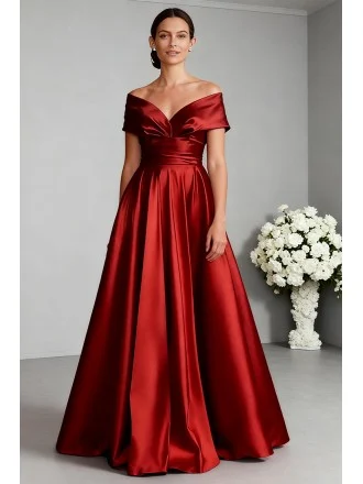 Red Satin Long Wedding Party Dress with Off Shoulder