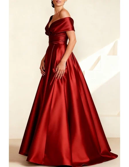 Red Satin Long Wedding Party Dress with Off Shoulder