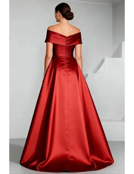 Red Satin Long Wedding Party Dress with Off Shoulder