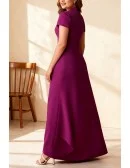 Purple V Neck Wedding Party Dress with Cap Sleeve and High Side Slit