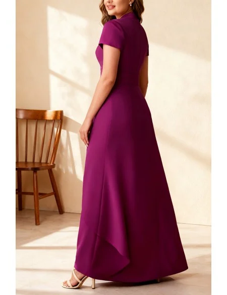 Purple V Neck Wedding Party Dress with Cap Sleeve and High Side Slit