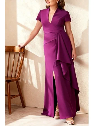 Purple V Neck Wedding Party Dress with Cap Sleeve and High Side Slit