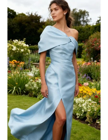 Stylish Sky Blue Wedding Party Dress with One Shoulder Pleated Design