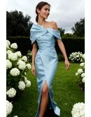 Stylish Sky Blue Wedding Party Dress with One Shoulder Pleated Design