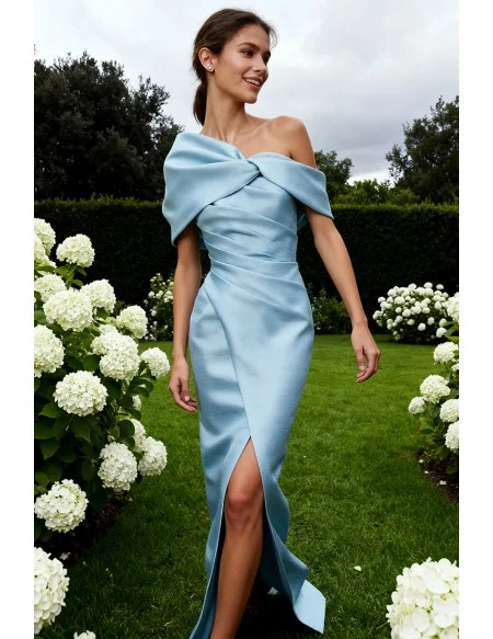 Stylish Sky Blue Wedding Party Dress with One Shoulder Pleated Design