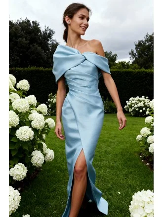 Stylish Sky Blue Wedding Party Dress with One Shoulder Pleated Design