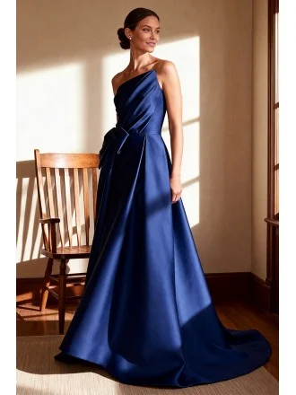 Navy Blue Wedding Party Dress Featuring Draped Bodice and Large Bow at Waist