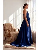 Navy Blue Wedding Party Dress Featuring Draped Bodice and Large Bow at Waist