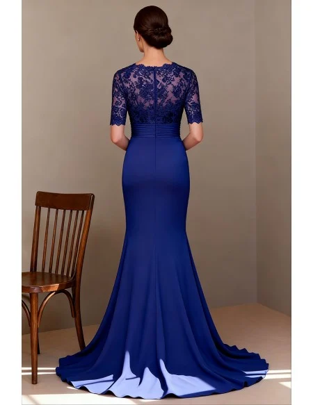 Royal Blue V Neck Wedding Party Dress with Short Sleeve Lace Bodice