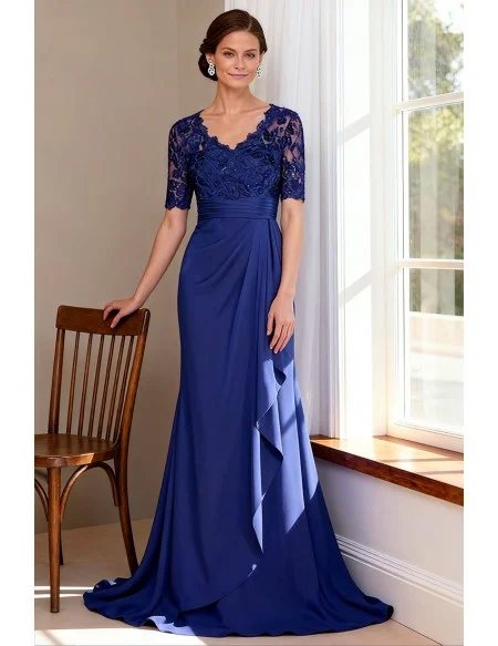 Royal Blue V Neck Wedding Party Dress with Short Sleeve Lace Bodice