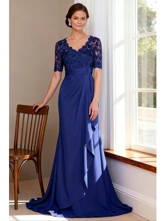 Royal Blue V Neck Wedding Party Dress with Short Sleeve Lace Bodice