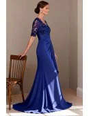 Royal Blue V Neck Wedding Party Dress with Short Sleeve Lace Bodice