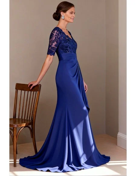 Royal Blue V Neck Wedding Party Dress with Short Sleeve Lace Bodice