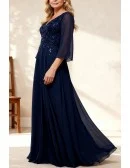Elegant Navy Blue Chiffon Mother of the Bride Dress with Puffy Sleeve
