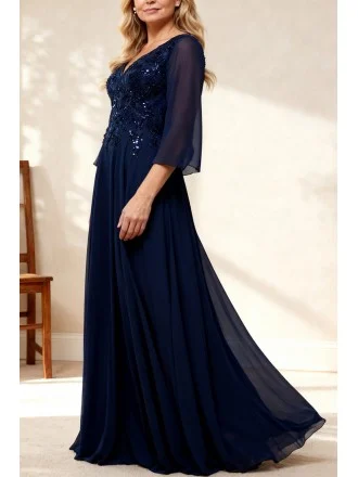 Elegant Navy Blue Chiffon Mother of the Bride Dress with Puffy Sleeve