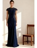 Navy Blue Wedding Party Dress Featuring Cap Sleeves and Draped Waist Detail