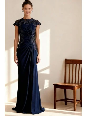 Navy Blue Wedding Party Dress Featuring Cap Sleeves and Draped Waist Detail