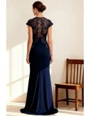 Navy Blue Wedding Party Dress Featuring Cap Sleeves and Draped Waist Detail
