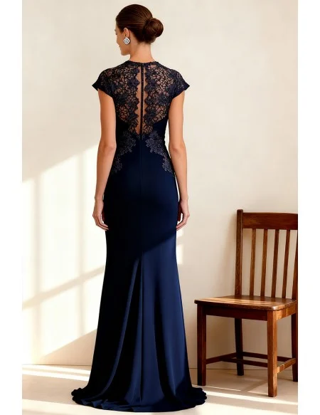 Navy Blue Wedding Party Dress Featuring Cap Sleeves and Draped Waist Detail