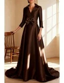 Formal Brown Wedding Party Dress with Collar Design and Three Quarter Sleeve