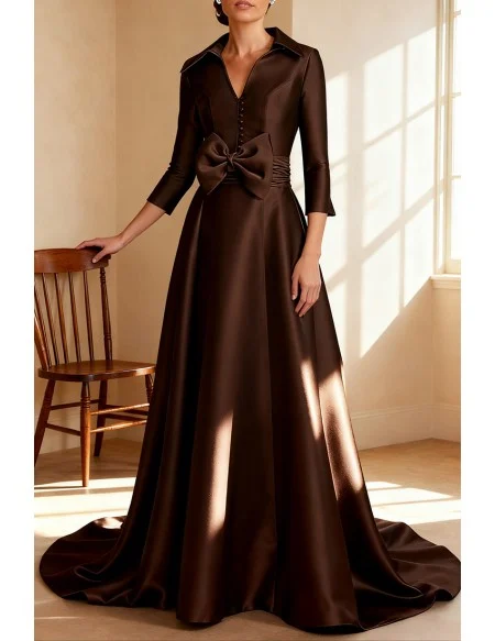 Formal Brown Wedding Party Dress with Collar Design and Three Quarter Sleeve