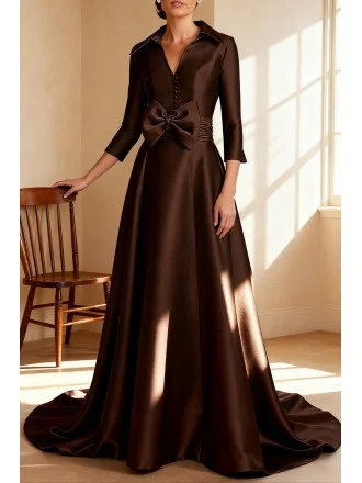 Formal Brown Wedding Party Dress with Collar Design and Three Quarter Sleeve