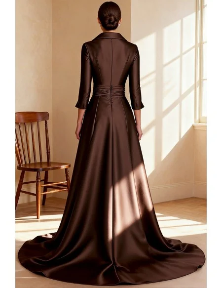 Formal Brown Wedding Party Dress with Collar Design and Three Quarter Sleeve