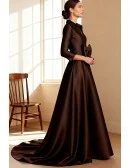 Formal Brown Wedding Party Dress with Collar Design and Three Quarter Sleeve
