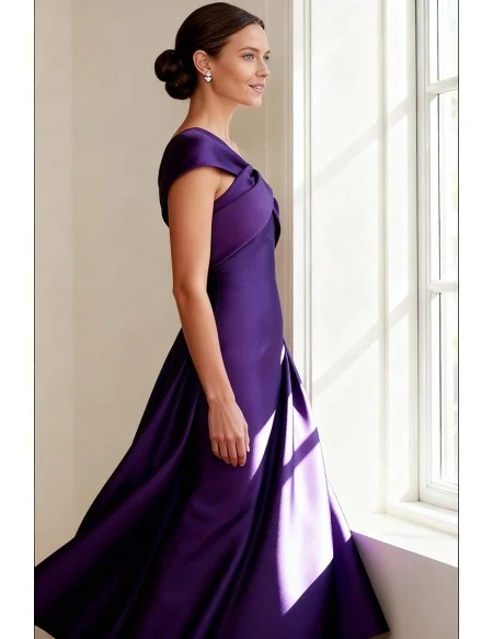 Chic Purple Satin Wedding Party Dress with Asymmetrical Draped Neckline