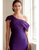 Chic Purple Satin Wedding Party Dress with Asymmetrical Draped Neckline
