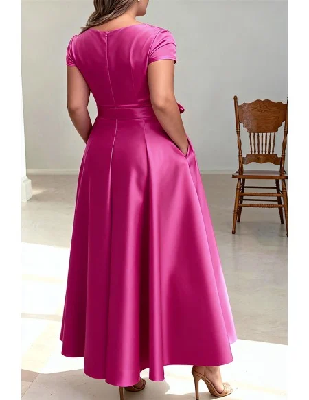 Stylish Hot Pink Wedding Party Dress with Cap Sleeve and Wrap Front Design