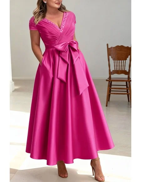 Stylish Hot Pink Wedding Party Dress with Cap Sleeve and Wrap Front Design