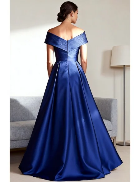 Royal Blue A Line Satin Wedding Party Dress with Off Shoulder