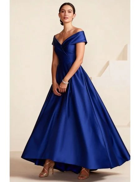 Royal Blue A Line Satin Wedding Party Dress with Off Shoulder