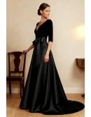 Black Velvet and Satin Wedding Party Dress with Three Quarter Sleeve
