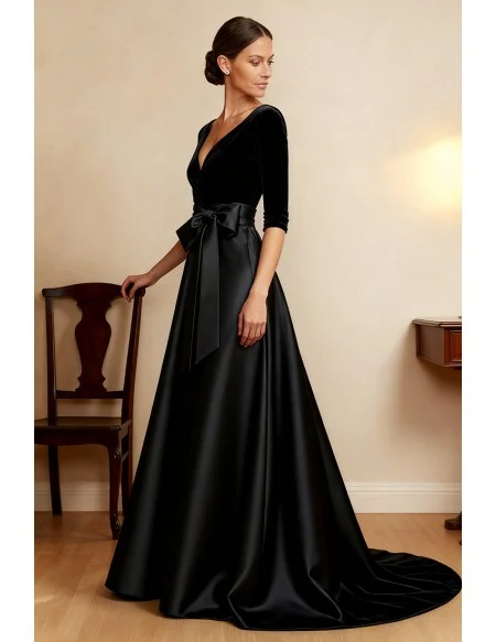 Black Velvet and Satin Wedding Party Dress with Three Quarter Sleeve