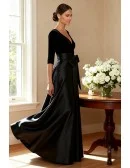 Black Velvet and Satin Wedding Party Dress with Three Quarter Sleeve