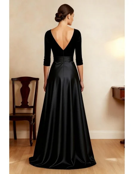 Black Velvet and Satin Wedding Party Dress with Three Quarter Sleeve