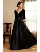 Black Velvet and Satin Wedding Party Dress with Three Quarter Sleeve