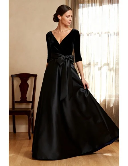Black Velvet and Satin Wedding Party Dress with Three Quarter Sleeve