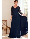 Navy Blue V Neck Wedding Party Dress with Embroidered Lace and Sleeves