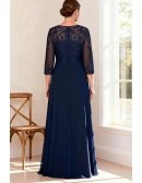 Navy Blue V Neck Wedding Party Dress with Embroidered Lace and Sleeves