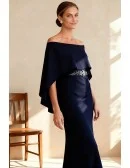 Navy Blue Wedding Party Dress with Off Shoulder Cape and Beaded Waist